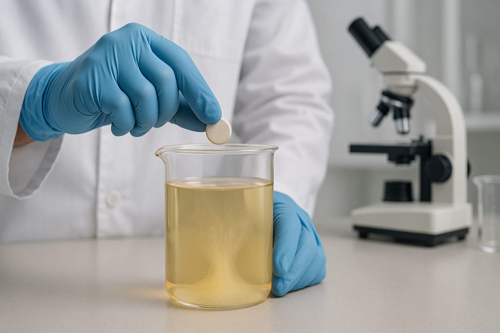 Técnico de laboratorio colocando una tableta farmacéutica recubierta de HPMC E3 en un vaso de precipitados con medio de disolución a temperatura corporal. Se forma una capa de difusión visible alrededor de la tableta, lo que demuestra una disolución controlada en un entorno de prueba de laboratorio realista.