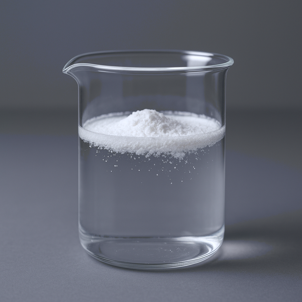 Close-up studio photograph of a clear glass beaker with HPMC powder and water on a neutral background, highlighting the physical appearance of hydroxypropyl methylcellulose before dissolution.