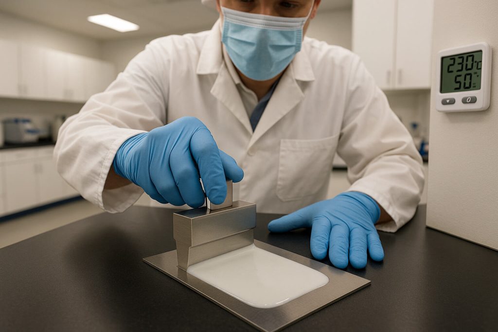 A lab technician applies a water-based HPMC coating to a steel test plate using a film applicator under controlled temperature and humidity, demonstrating smooth application without sagging.