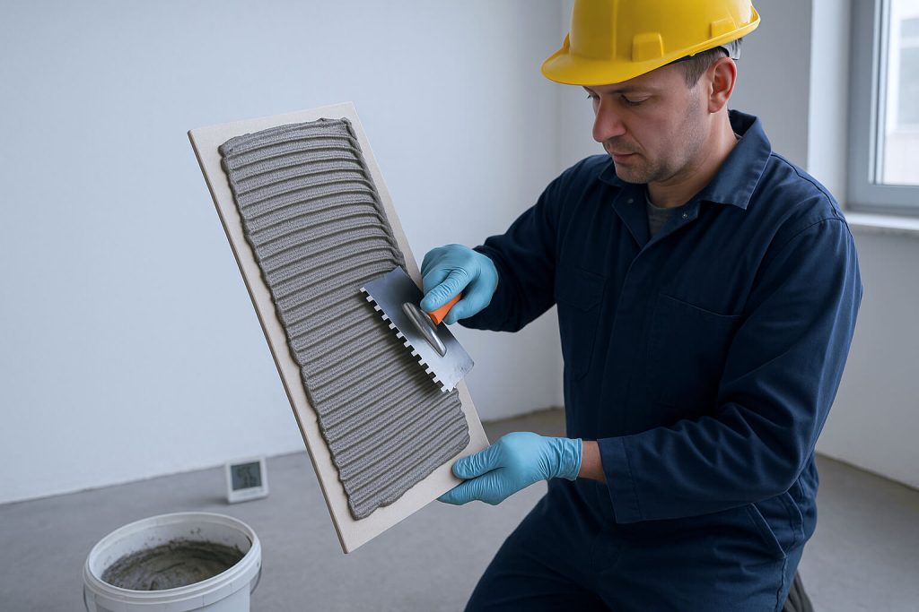 Wide-angle shot of a construction worker applying HPMC-modified tile adhesive to a ceramic tile, demonstrating smooth coverage and sag resistance in a realistic site environment
