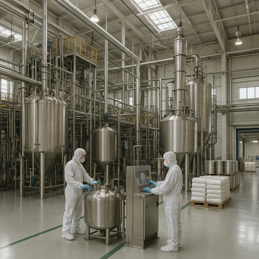 Interno fotorealistico di un moderno stabilimento cinese di produzione di HPMC, con reattori in acciaio inossidabile, sistemi di miscelazione automatizzati e pulizia di livello industriale. Tecnici in uniforme di sicurezza monitorano le apparecchiature in un ambiente di produzione ad alta capacità.