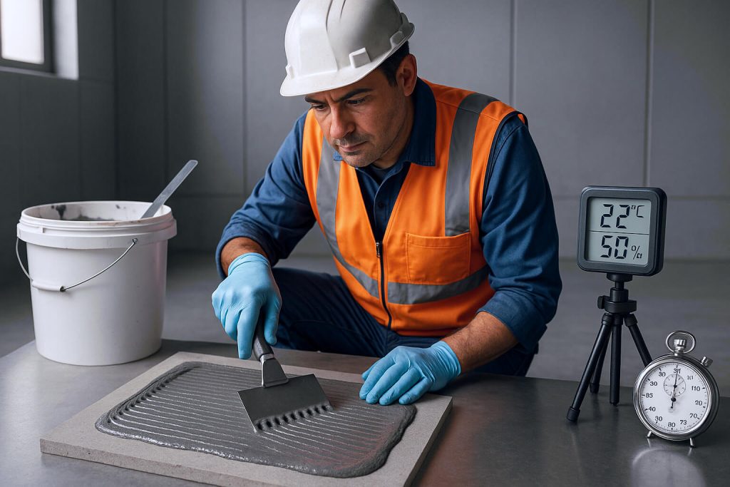 Bauarbeiter trägt Fliesenkleber mit Hydroxypropylmethylcellulose (HPMC) auf eine Betonoberfläche auf und demonstriert so die verbesserte Haftung und Verarbeitbarkeit in einer realistischen Baustellenumgebung.