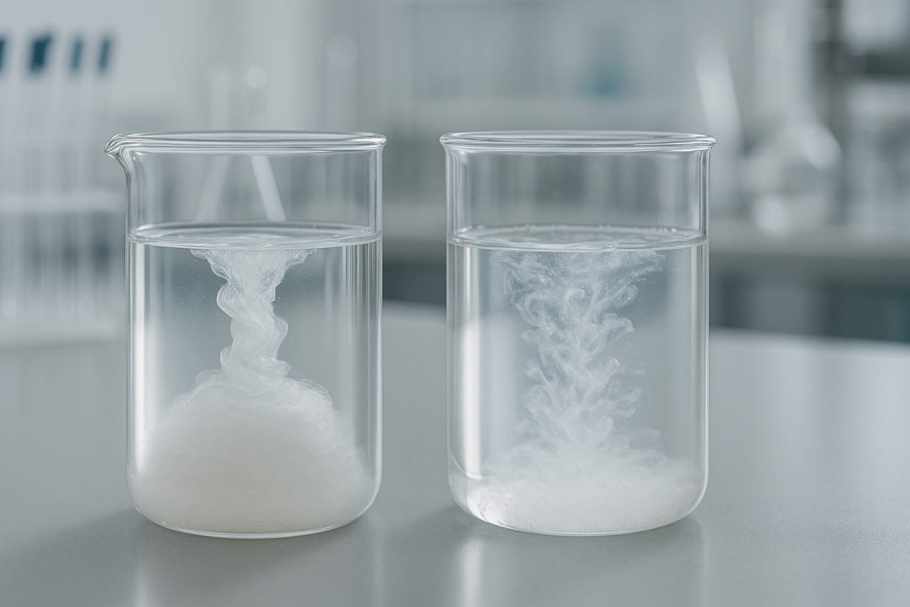 Close-up image of two glass beakers in a laboratory showing different dispersion behaviors of white powder in water, illustrating viscosity and solubility differences between two HPMC grades.