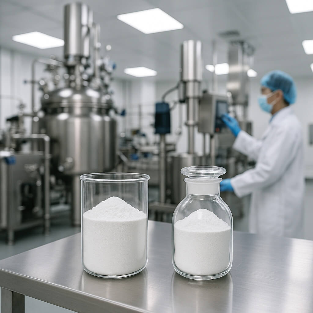 Photorealistic interior of a modern Chinese HPMC manufacturing facility showing two unlabeled containers of fine white powder on a stainless steel lab bench, with high-end industrial mixers and equipment in the background.