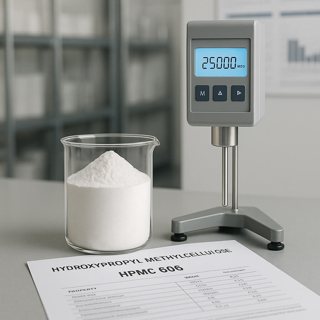 Close-up of HPMC 606 powder displayed in a modern industrial lab with technical tools, highlighting its purity and application in formulation testing.