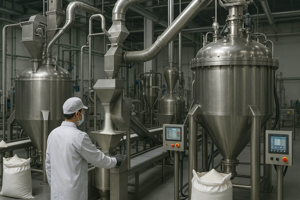 Fotorealistische Ansicht der Herstellung von HPMC 606 in einer modernen chinesischen Fabrik. Gezeigt werden Industriereaktoren, Pulververarbeitungslinien und eine saubere Produktionsumgebung.