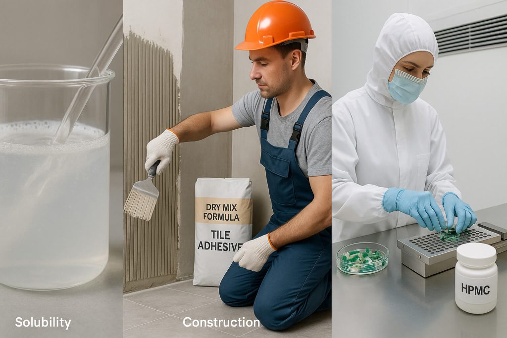 Rappresentazione visiva dell'HPMC utilizzato in diversi settori: sciolto in acqua per test di solubilità, applicato come adesivo per piastrelle in edilizia e utilizzato per il riempimento di capsule in ambito farmaceutico.