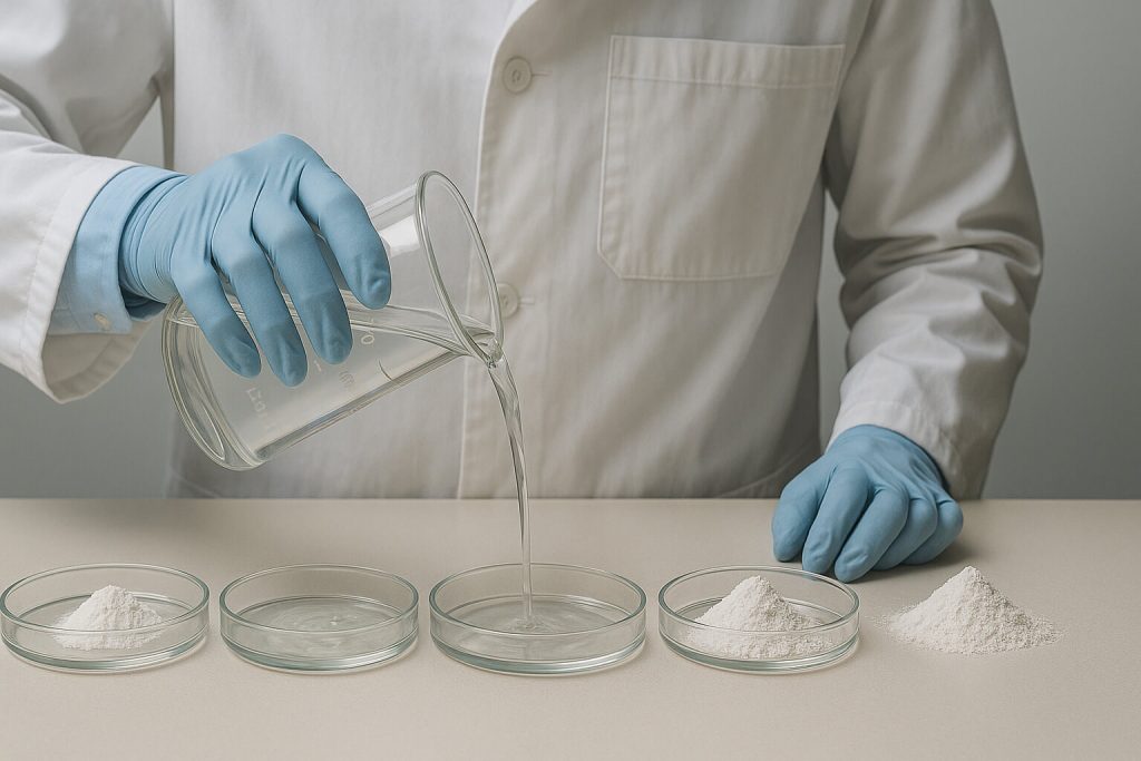 Plan grand angle d'un technicien de laboratoire versant une solution HPMC dans des boîtes en verre contenant divers liants, montrant les réactions de dispersion et de gélification dans des conditions de laboratoire contrôlées.
