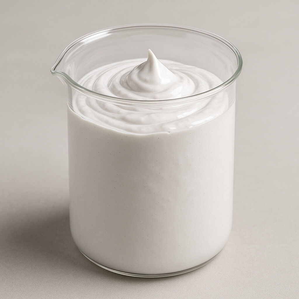 Close-up view of a high-viscosity HPMC-enhanced building coating in a laboratory beaker, highlighting smooth texture and stable consistency under controlled conditions.