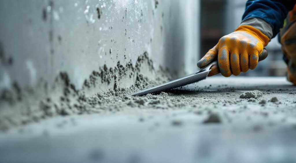 Worker applying HPMC-modified cement mortar to a vertical concrete surface using a trowel, demonstrating improved adhesion and smoothness under standardized testing conditions.