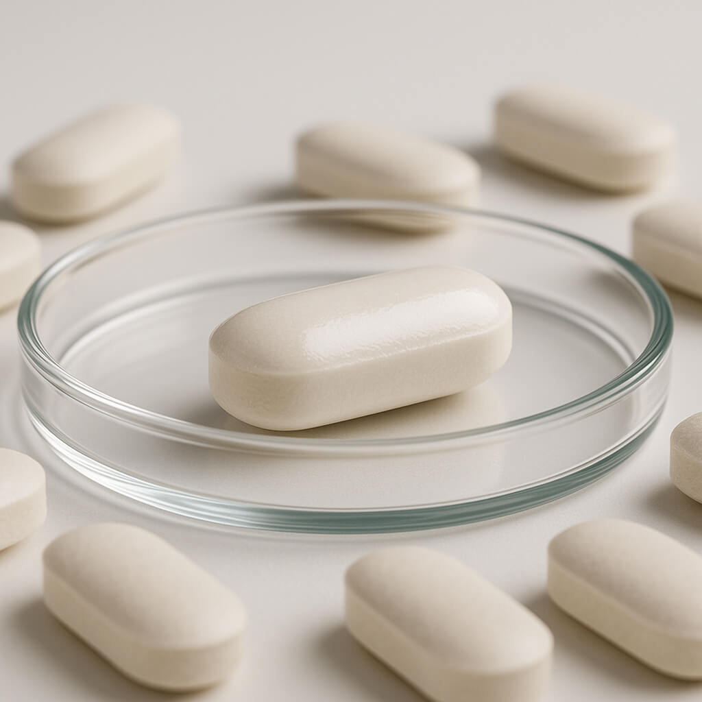 Close-up studio view of an HPMC-coated pharmaceutical tablet on a glass dish, highlighting the smooth, uniform film coating next to uncoated tablets for visual comparison.