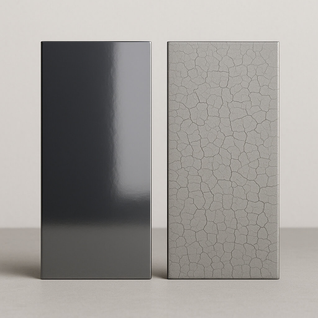 Side-by-side studio photograph of a coated and uncoated metal panel showing the difference in film formation; the HPMC-coated surface appears smooth and glossy while the uncoated surface shows visible cracking.