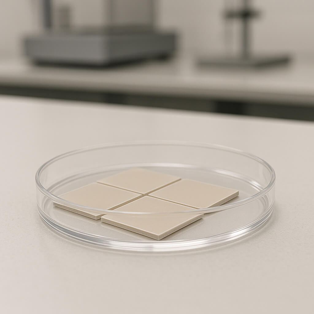 Close-up of dry HPMC coating films on ceramic tiles in a lab, showing uniform surface coverage and clarity under studio lighting