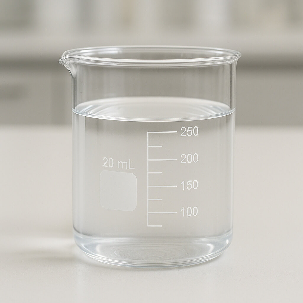 Image haute résolution d'une solution de revêtement HPMC dans un bécher en verre transparent sur un établi de laboratoire propre, montrant une viscosité uniforme et aucune particule visible.