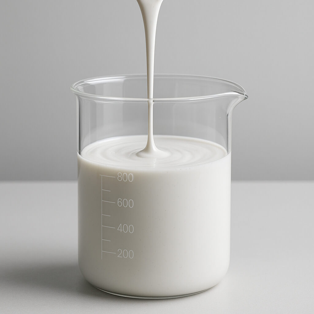 Close-up of a beaker containing HPMC-modified coating liquid with smooth, uniform texture on a clean lab bench, showcasing viscosity and consistency.