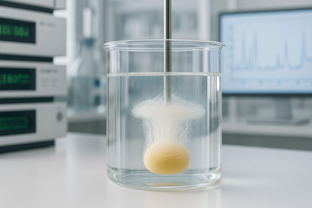 Dissolution test of a pharmaceutical tablet showing gel formation and controlled release in liquid, representing the functional behavior of HPMC under lab conditions.