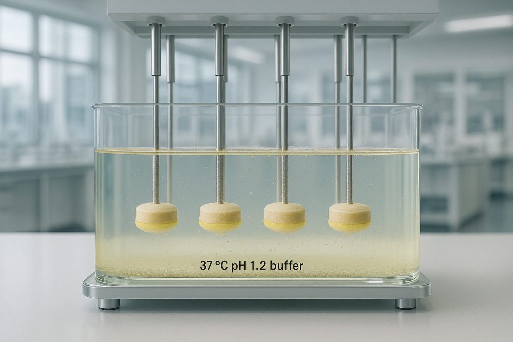 Wide-angle view of HPMC matrix tablets undergoing dissolution in acidic buffer inside a pharmaceutical testing apparatus, showing gradual gel barrier formation and drug diffusion.