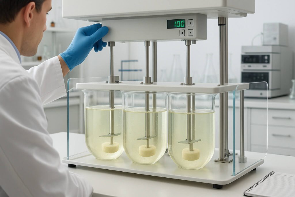 Close-up of pharmaceutical-grade HPMC powder in a glass petri dish on a clean laboratory bench, with blurred scientific tools in the background, showcasing its purity and technical application in drug formulations.