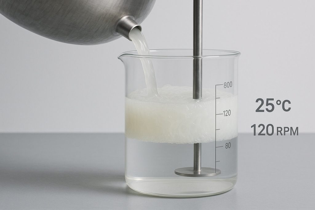 Hydroxypropyl methyl cellulose being discharged from a reactor into a testing vessel, showing uniform consistency during a quality control process at 25 °C and 120 RPM.