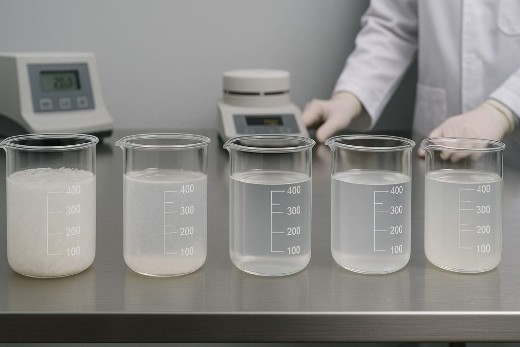 Photorealistic laboratory setup showing the dispersion and viscosity behavior of HPMC in water at different temperatures, highlighting a key performance characteristic.