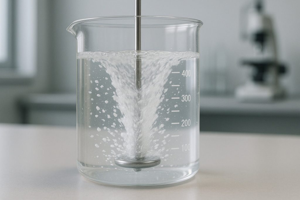 Photorealistic scene of HPMC dispersing in water at room temperature under mechanical stirring, showing uniform thickening behavior.