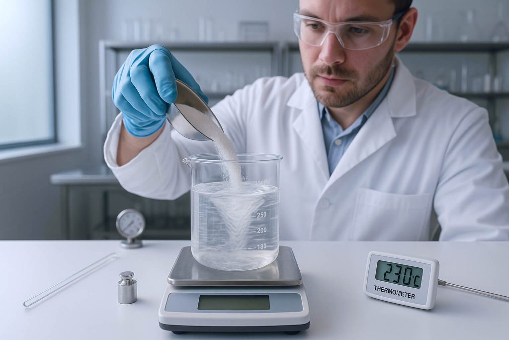 Wide-angle, realistic photo of a laboratory technician in a white coat and gloves adding Hydroxypropyl Methylcellulose (HPMC) powder into a glass beaker of water on a precision balance, showing the powder dispersing in water, with natural side lighting and a clear scientific environment.
