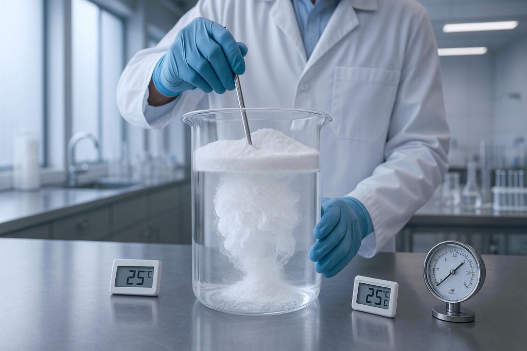 A lab technician in a white coat and gloves stirs HPMC powder into water in a glass beaker on a laboratory bench, showing the dispersion process under controlled scientific conditions.