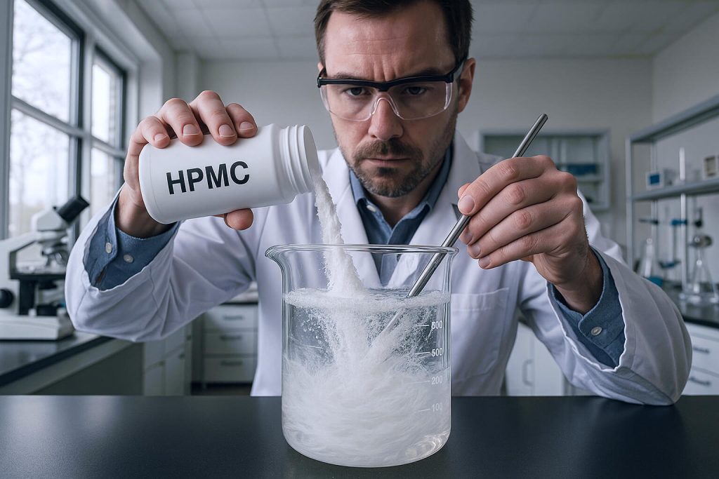 Técnico de laboratorio agregando polvo de HPMC al agua y revolviendo en un vaso de precipitados de vidrio, demostrando un espesamiento y dispersión uniformes en condiciones de laboratorio controladas.
