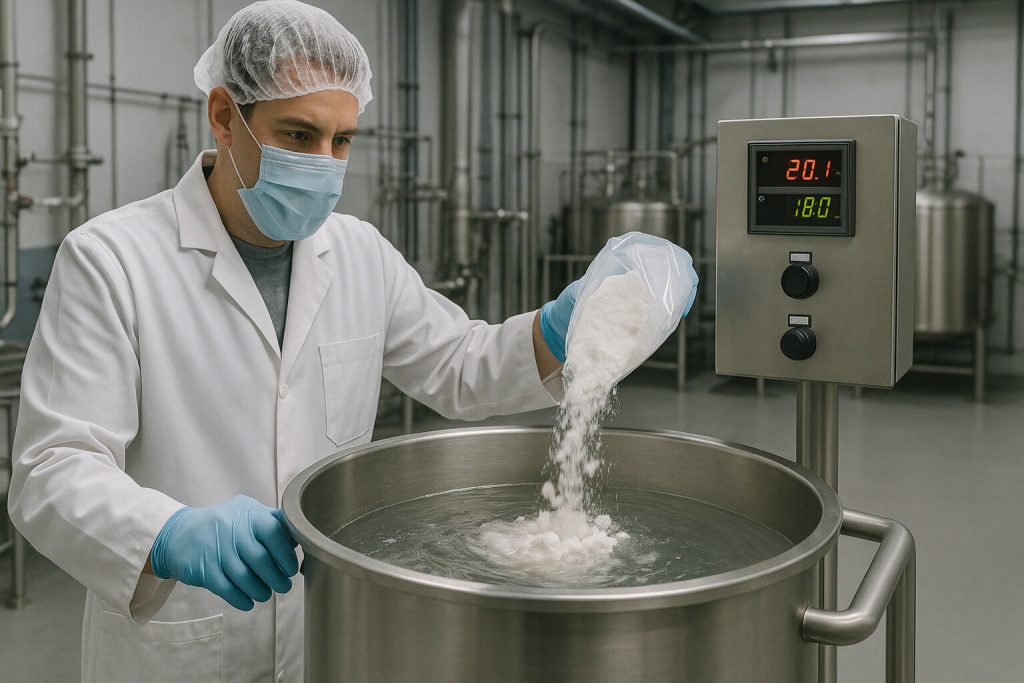 Techniker überwacht die HPMC-Pulverdispersion in Wasser in einem industriellen Mischtank während eines Viskositätstests in einem echten Labor.
