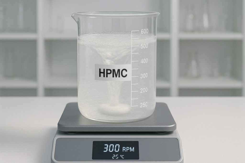 HPMC solution being stirred in a glass beaker on a magnetic stirrer, showing uniform dispersion and gel formation at room temperature in a lab setting.