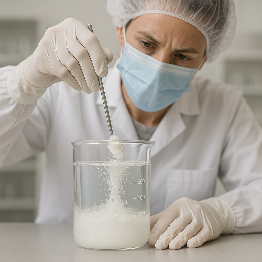 Laboratory technician mixing HPMC powder into water in a beaker, showing early dispersion stage under controlled lab conditions.