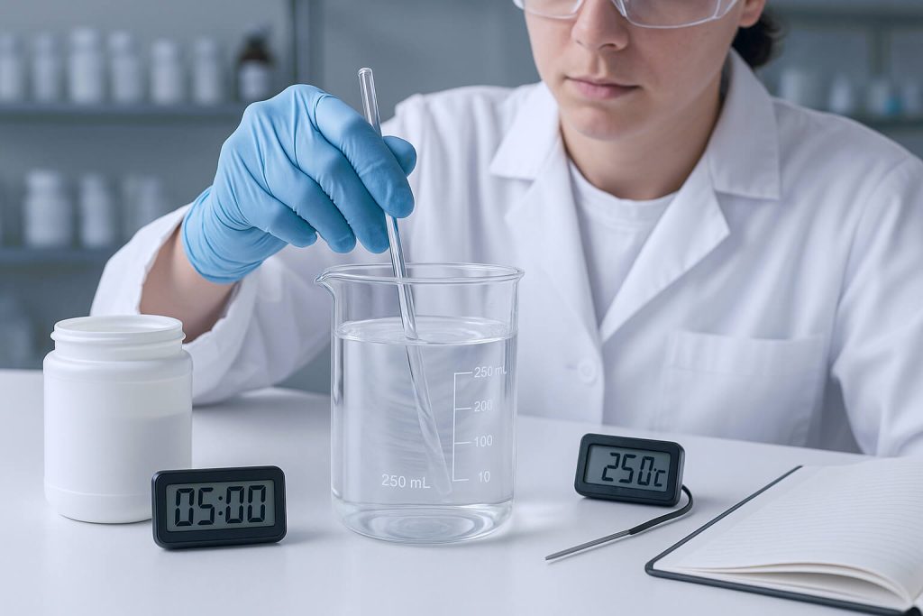 Laboratory technician wearing a white lab coat and gloves stirring HPMC powder into water in a glass beaker on a laboratory bench, demonstrating the uniform dissolution process under controlled scientific conditions.
