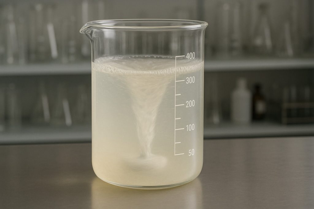 Hydroxypropyl methylcellulose dissolving in water under magnetic stirring at 25 °C in a glass beaker, showing a real-time transition into a viscous, translucent solution in a lab setting.
