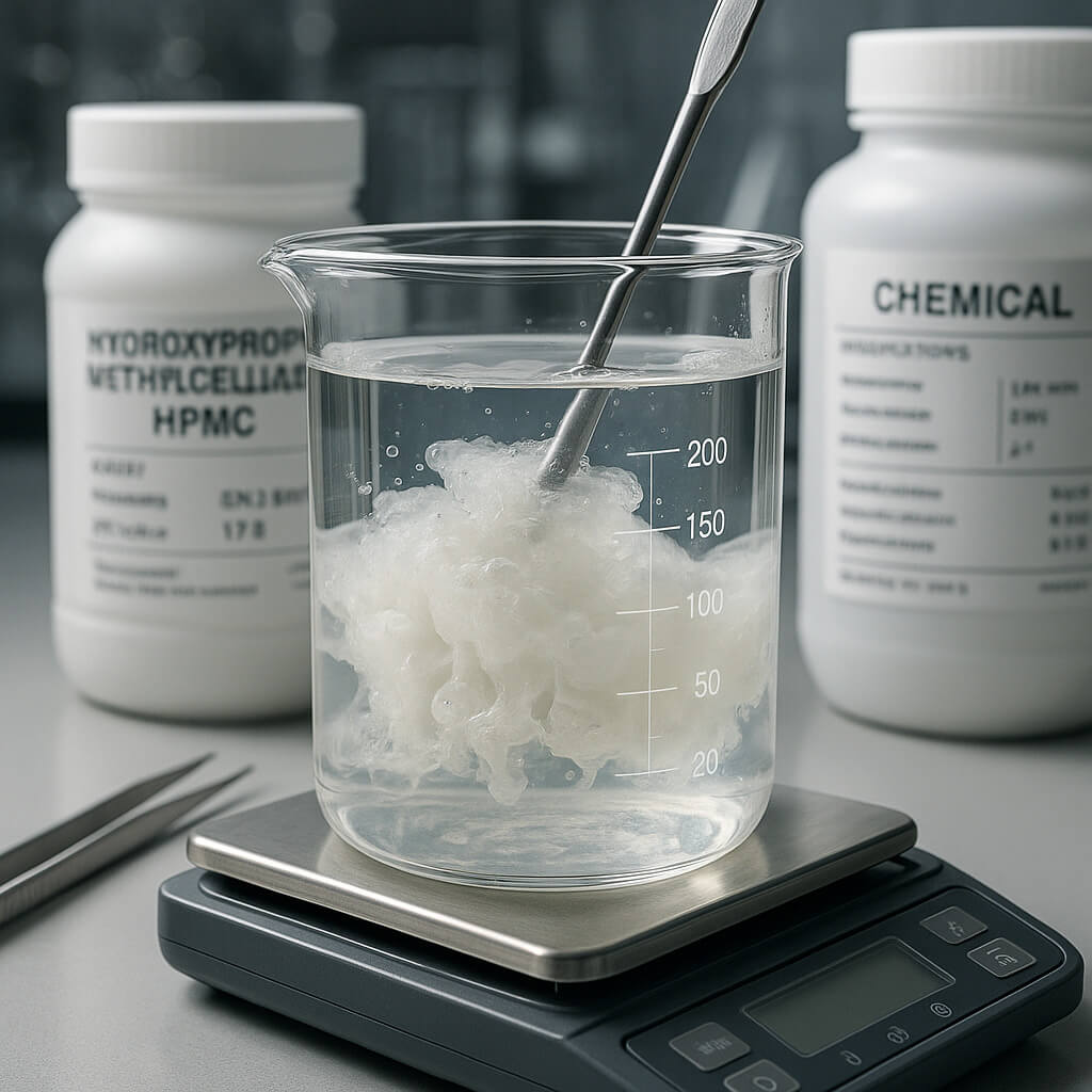 Close-up of Hydroxypropyl Methylcellulose (HPMC) powder dissolving in water inside a laboratory beaker, illustrating viscosity formation in a clean scientific environment.