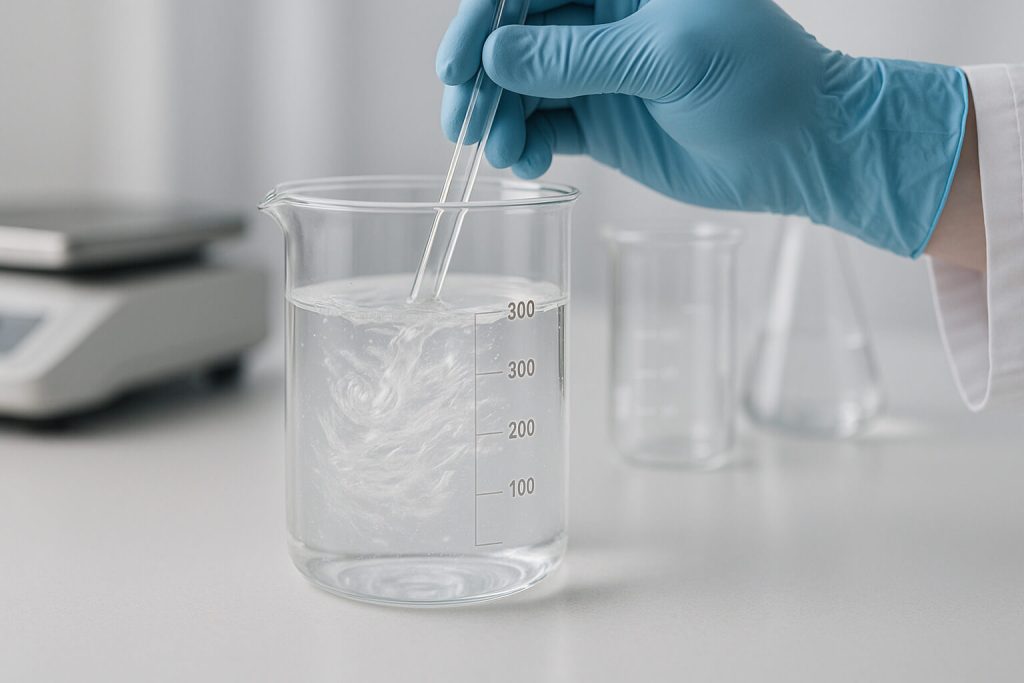Hidroxipropilmetilcelulosa (HPMC) disolviéndose en agua en un vaso de precipitados de laboratorio, mostrando la formación de gel y la solubilidad con una varilla agitadora y un entorno científico claro.