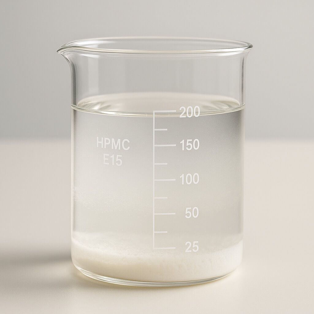 Close-up of HPMC E15 powder slowly dispersing in water inside a glass beaker on a clean laboratory bench, showing clear layering and realistic texture.