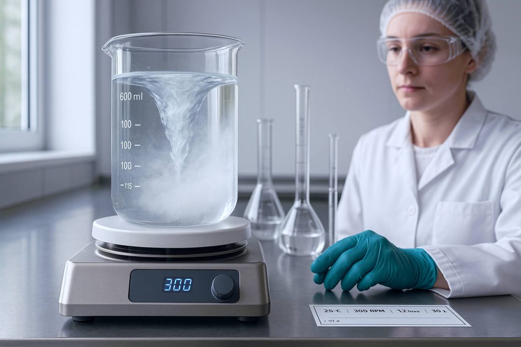 Lab technician dissolving HPMC E15 powder into water using a magnetic stirrer, demonstrating uniform dispersion under controlled temperature and stirring conditions.
