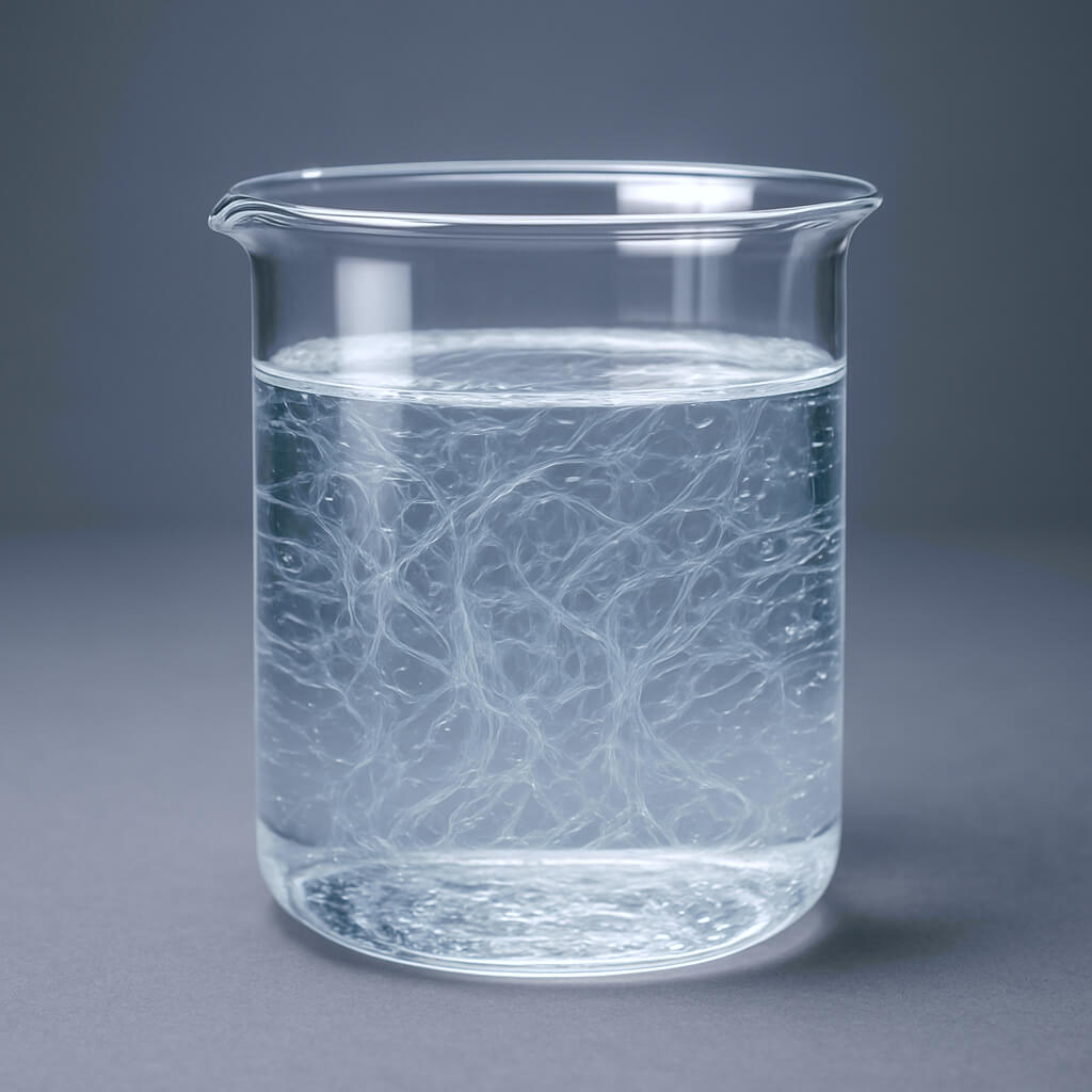 High-resolution studio photo of a viscous HPMC E15 solution in a glass beaker, showcasing the polymer’s physical appearance in laboratory conditions.