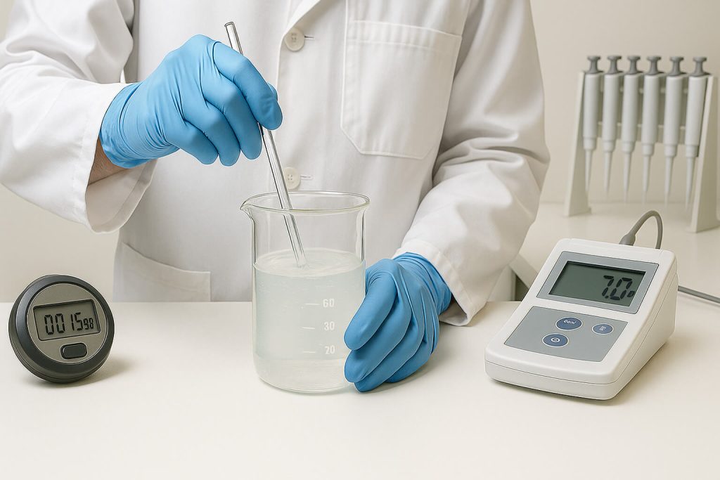 Un técnico de laboratorio realiza una prueba de dispersión de HPMC E15 en un vaso de precipitados de vidrio con una varilla agitadora de vidrio a 25 °C. La escena del laboratorio incluye un cronómetro, un medidor de pH y una bandeja de pipetas al fondo, lo que ilustra condiciones reales de prueba para la viscosidad y el comportamiento de la mezcla.