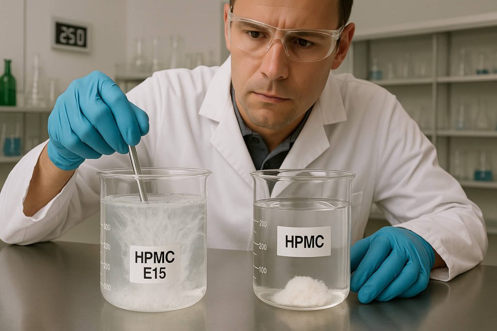 Wide-angle view of a lab technician comparing HPMC E15 and another HPMC grade in a side-by-side dissolution test, highlighting faster and more uniform dispersion of E15 under controlled conditions.