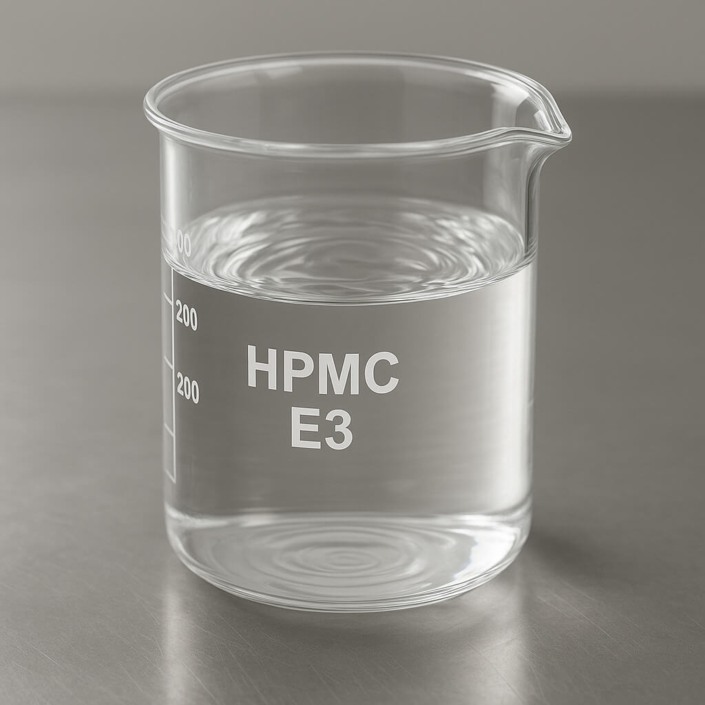 Primer plano de un vaso de precipitados que contiene solución de HPMC E3 disuelta en una mesa de laboratorio de acero inoxidable, que muestra su textura viscosa y claridad bajo una iluminación de estudio neutra.