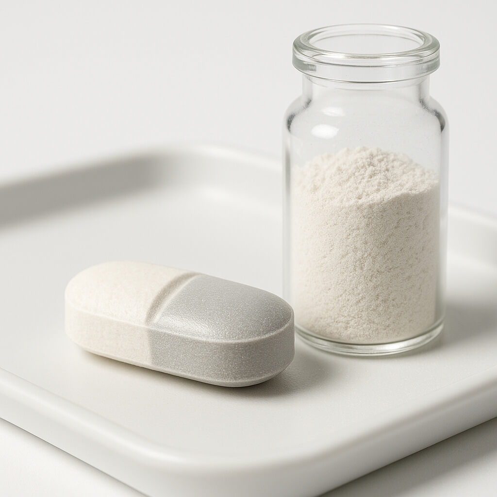 Fotografía de estudio en primer plano de una tableta farmacéutica recubierta con HPMC E3, que muestra su superficie de película lisa semibrillante junto a un vial de vidrio con polvo de excipiente fino.