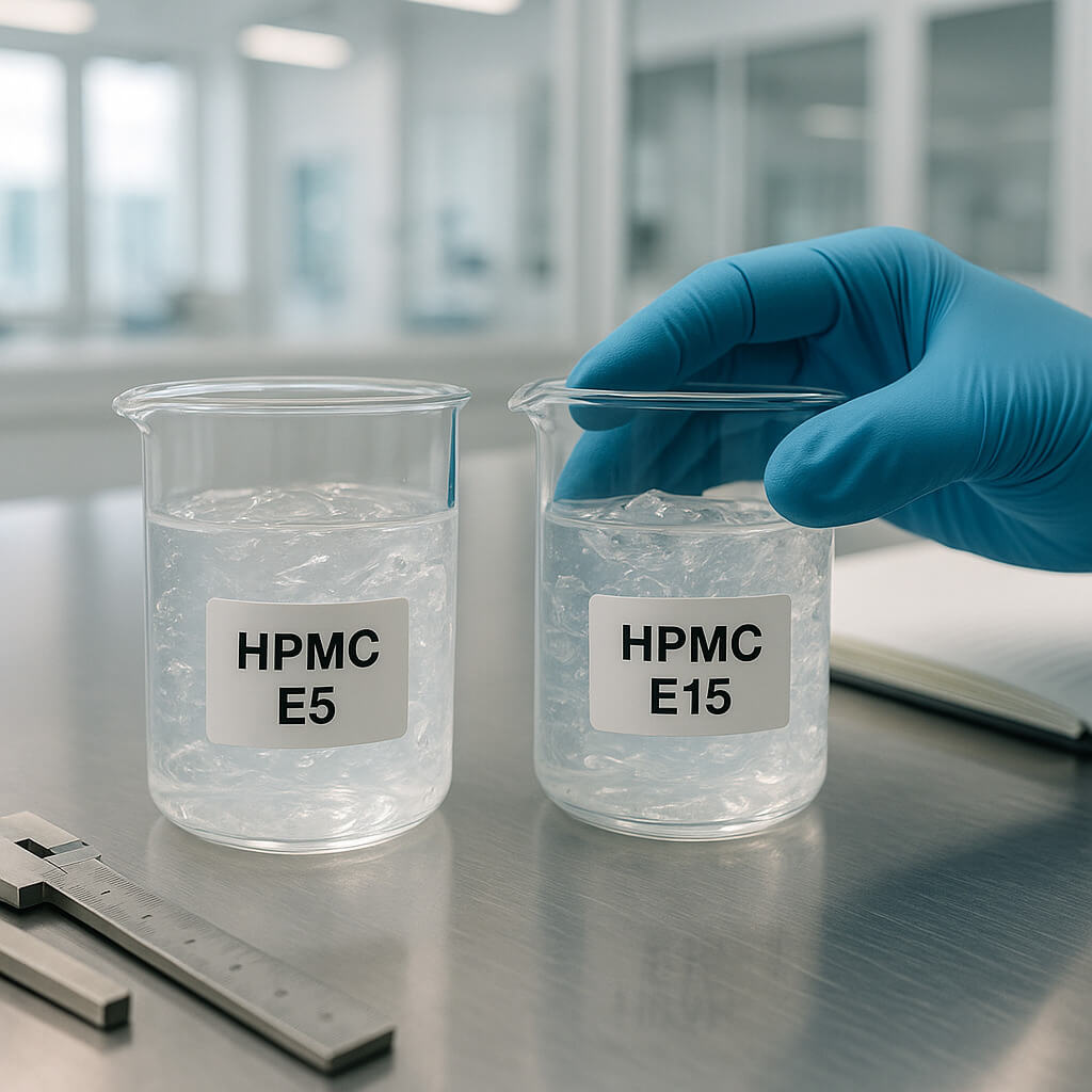 Nahaufnahme von HPMC E5- und E15-Gelproben in Laborbechern mit wissenschaftlichen Werkzeugen auf einer Edelstahloberfläche, die einen Formulierungsvergleich in einer modernen F&E-Umgebung darstellen.