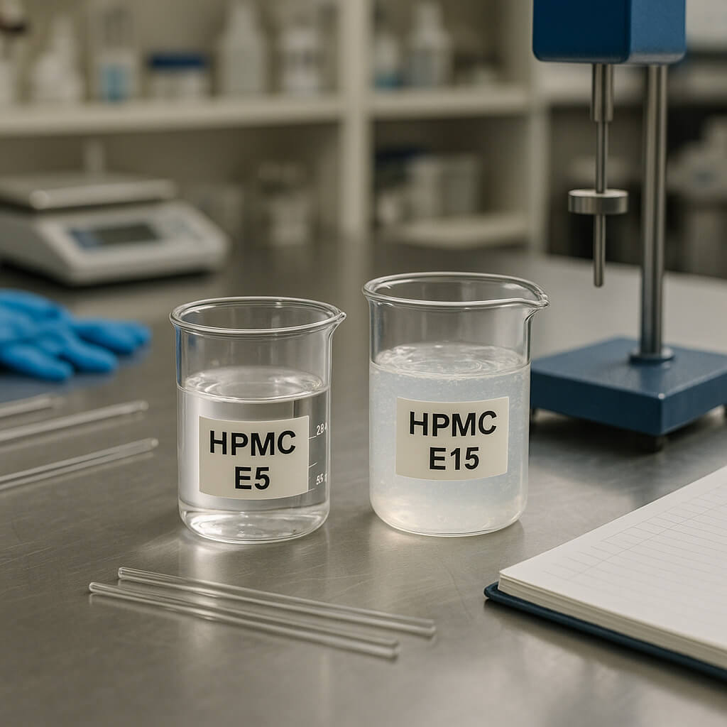 Nebeneinanderstellung von HPMC E5- und E15-Lösungen in Laborbechern, die unterschiedliche Viskositätsgrade auf einer sauberen Werkbank zeigen.