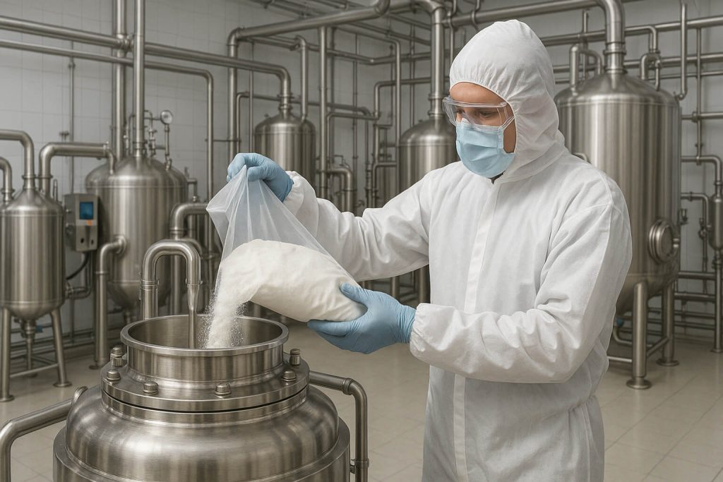 Un técnico que usa EPP agrega polvo HPMC E50 a un tanque de mezcla en una línea de producción automatizada, lo que demuestra la dispersión bajo temperatura y velocidad de mezcla controladas.