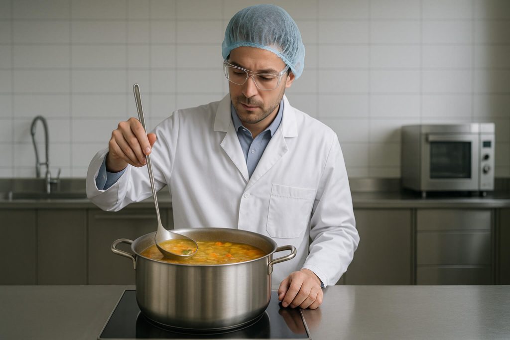 Tecnólogo de alimentos revuelve sopa de verduras caliente con HPMC E50 en una cocina de laboratorio, demostrando un espesamiento uniforme y una viscosidad estable a alta temperatura.