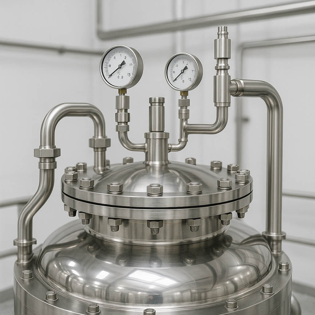 Primer plano de un recipiente de reactor de acero inoxidable sellado dentro de una planta de procesamiento químico, que muestra conexiones de tuberías y manómetros utilizados en la producción de HPMC E50.