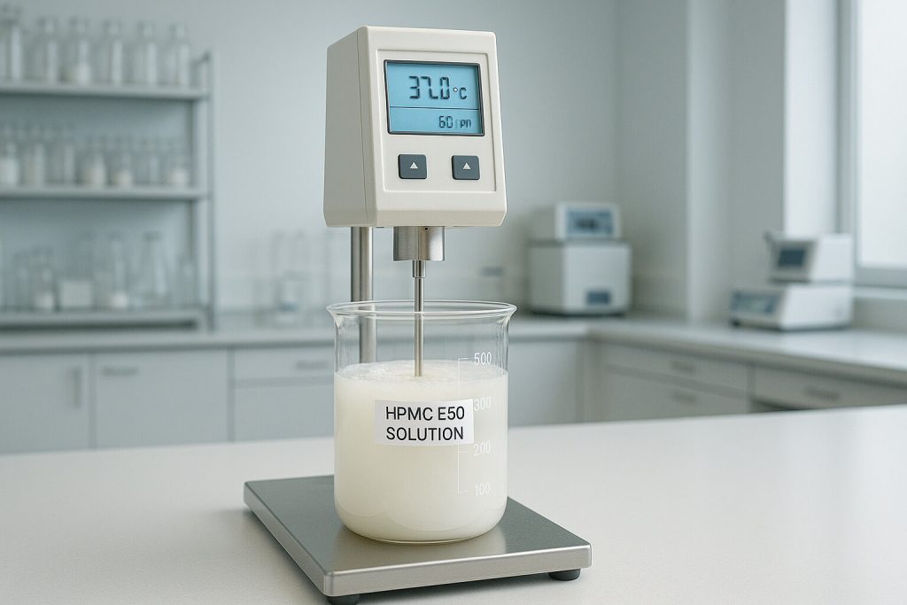 HPMC E50 solution undergoing viscosity testing in a temperature-controlled pharmaceutical lab using a rotational viscometer at 37°C.