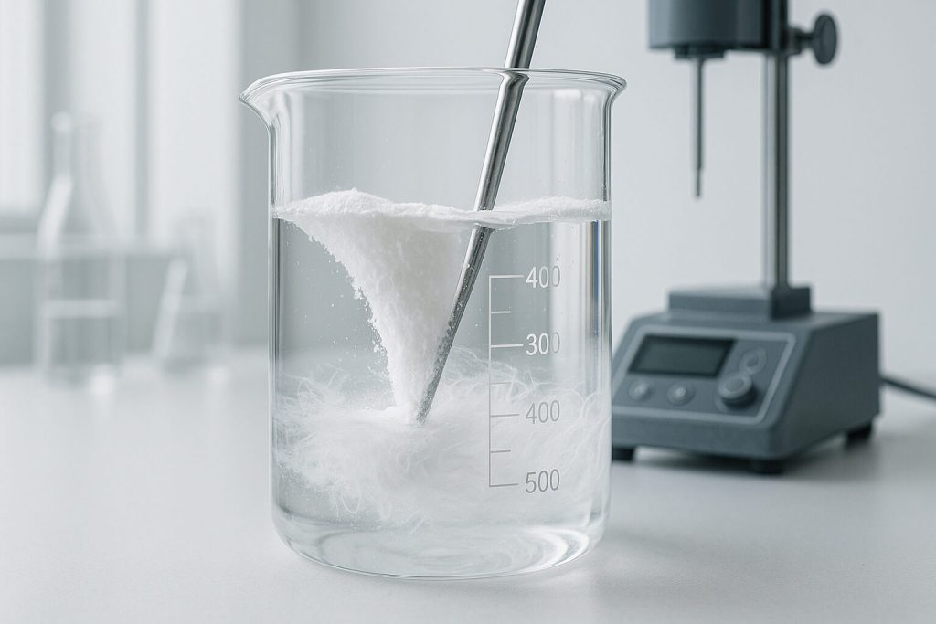 Idrossipropilmetilcellulosa (HPMC) che si disperde nell'acqua in un becher di vetro, formando una soluzione gelatinosa in condizioni di laboratorio, dimostrandone visivamente la solubilità e le prestazioni funzionali.