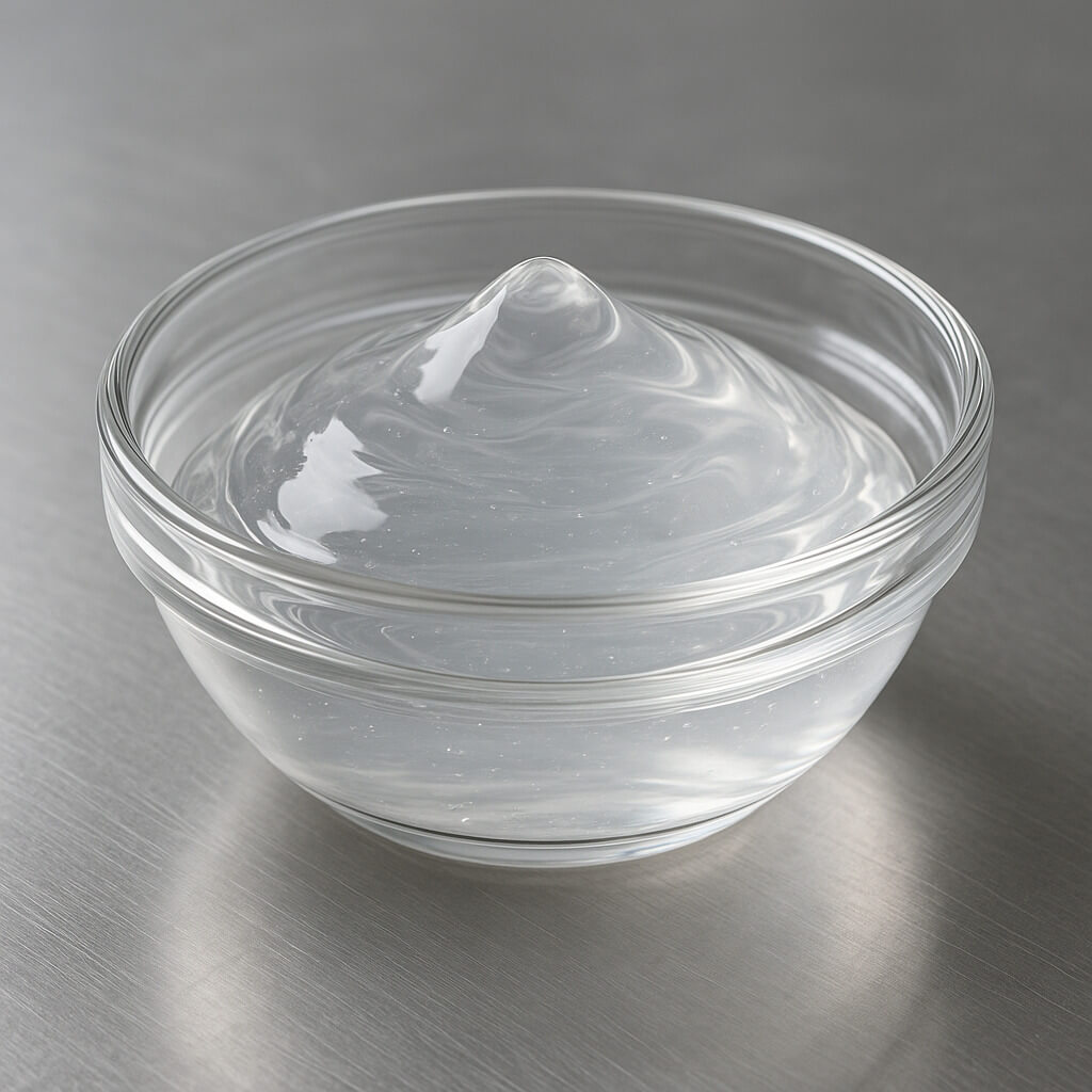 Primer plano de una muestra de gel de hidroxipropilmetilcelulosa (HPMC) en un recipiente de vidrio sobre una mesa de laboratorio de acero inoxidable, que muestra una textura suave y estable sin separación, bajo una iluminación de estudio controlada.